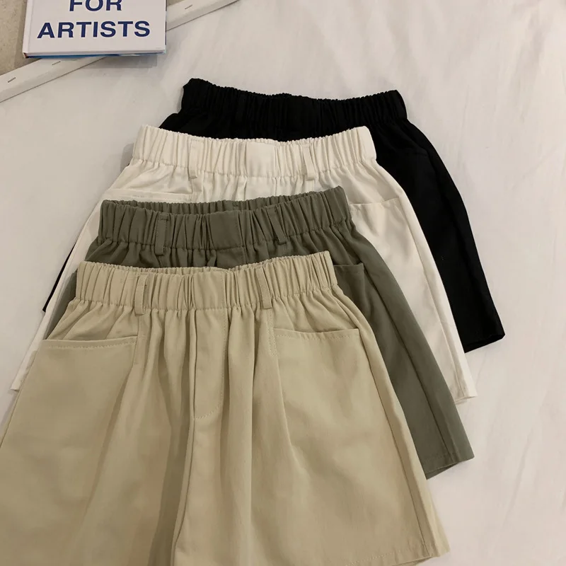 Summer Elastic Waist Wide Leg Shorts Women's Loose Sports Casual Pants Black High Waist Slimming Three-quarter Length Trousers