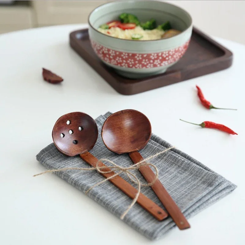 Japanese Spoon Long-Handled Soup Bamboo Spoon Cooking Wooden Lamian Noodles Spoon Hot Pot Strainer Household Kitchen Accessories