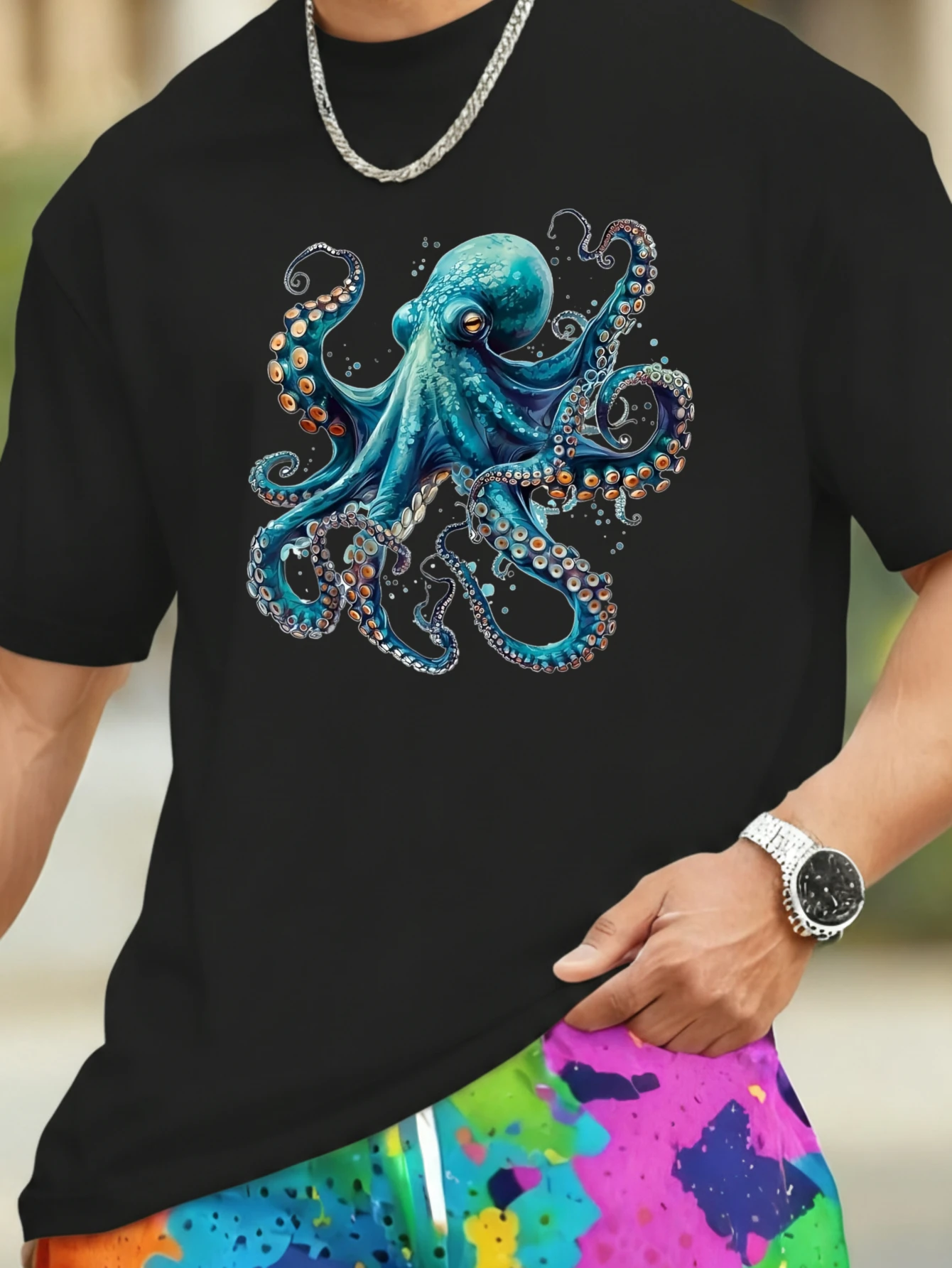 1PC JOOCAR T-shirt en coton décontracté bleu vibrant avec pieuvre et ventouses orange sur fond noir, col rond, manches courtes douces, extensibles et respirantes, haut streetwear à imprimé lettres tendance, choix de cadeau idéal pour les fêtes