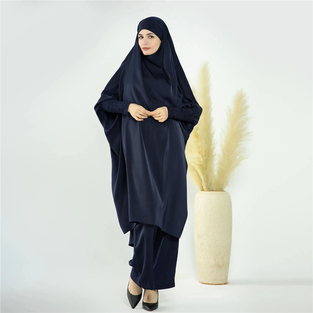 Gowns 2 Piece Set Satin Dubai Turkey Ramadan Muslim Woman Prayer Outfit Islamic Clothing Abaya Khimar+Wide Leg Pants Trousers