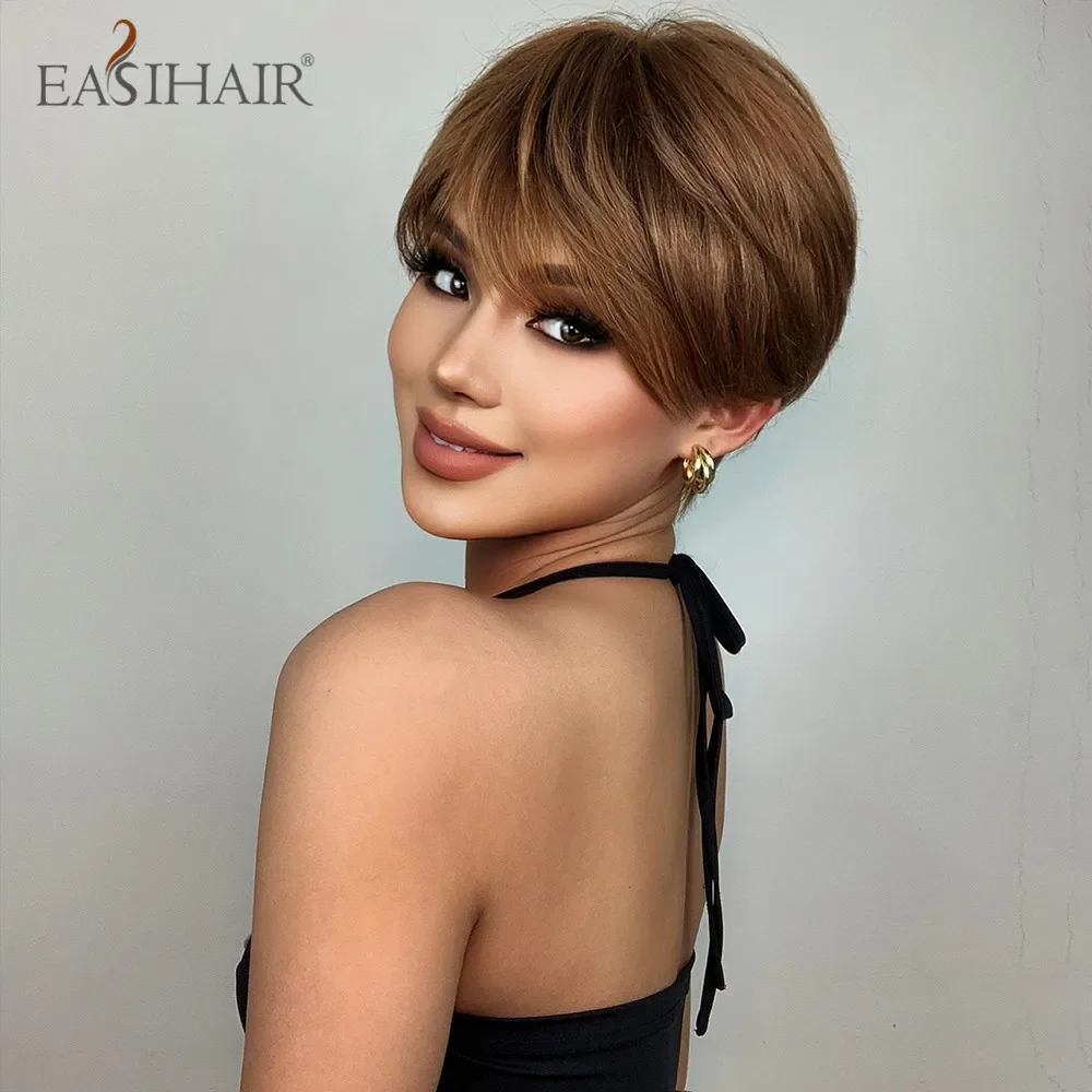 

Synthetic Brown Golden Short Straight Wigs With Pixie Cut Bang Bob Layered Hair Wig for Women Daily Cosplay Party Heat Resistant