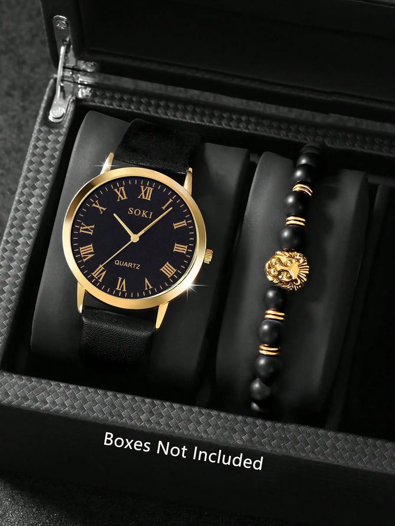 

Мужские кварцевые часы золотистого цвета с черным кожаным ремешком и комплектом браслетов с бусинами