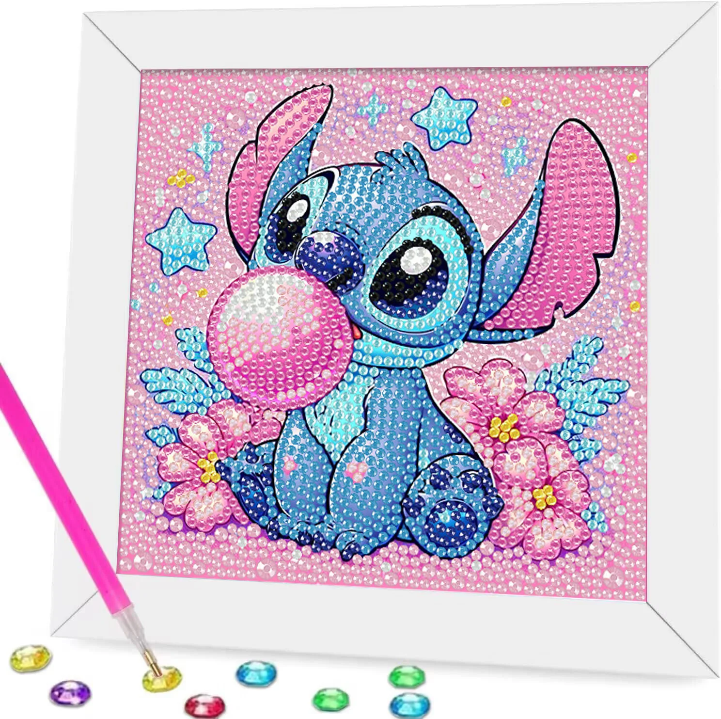 18x18cm With White Frame 5D Full Round Drill Diamond Painting Kit Cute Big Ears Blue Alien Pet Reading Book Little Green Compani view 6