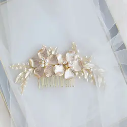 Gorgeous White Enamel Flowers Bridal Hair Comb Pearl Headdress Hand Made Leaf Hair Accessories Jewelry