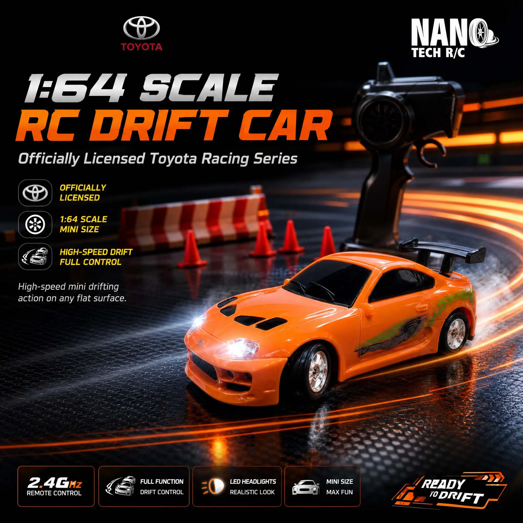 1:64 RC Drift Car Officially Licensed Toyota Mini Remote Control High Speed Drift Racing Toy with LED Light Gift Box for Kids