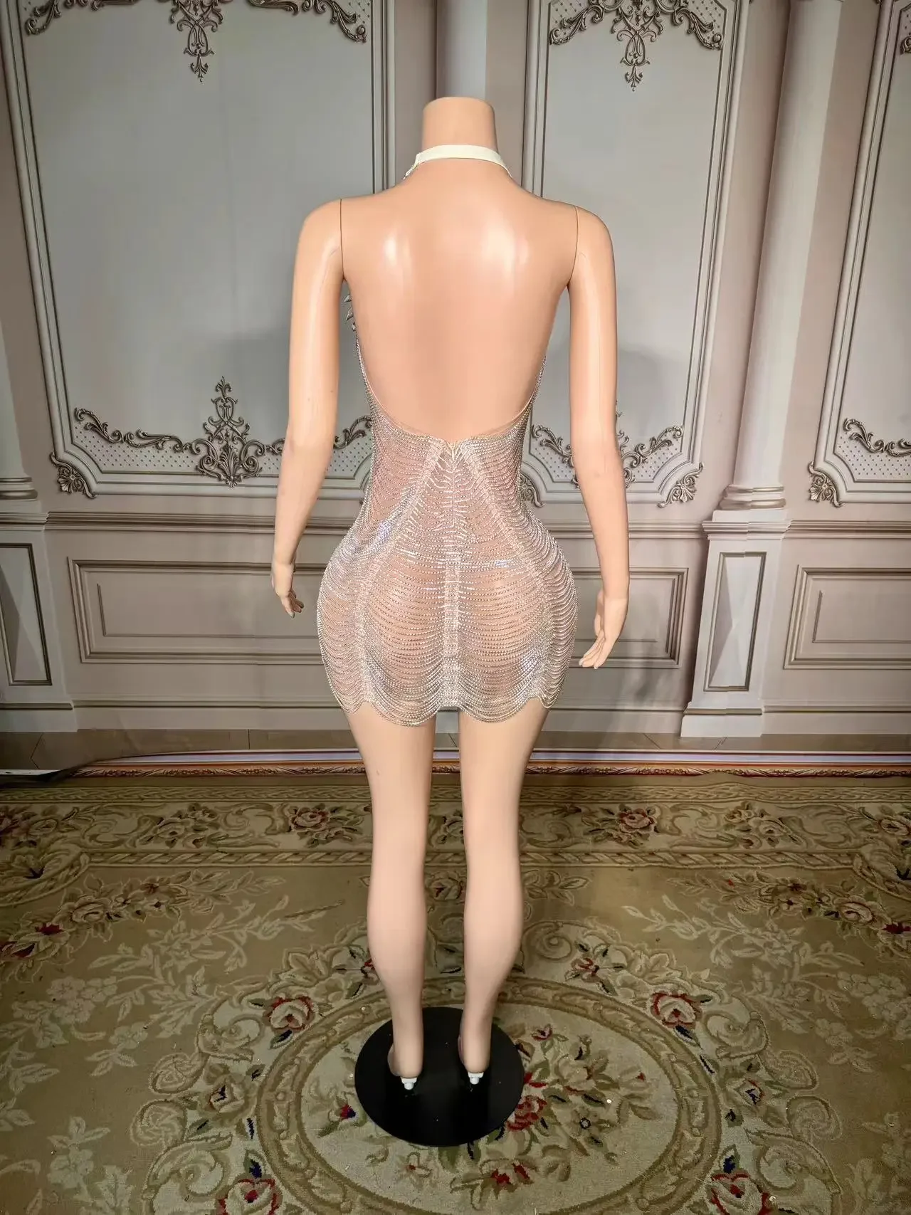 Women's Multi-Color Rhinestone Chain Slit Mini Dress Sexy Fashion Evening Party Prom Birthday Outfit Short Dance Stage Wear