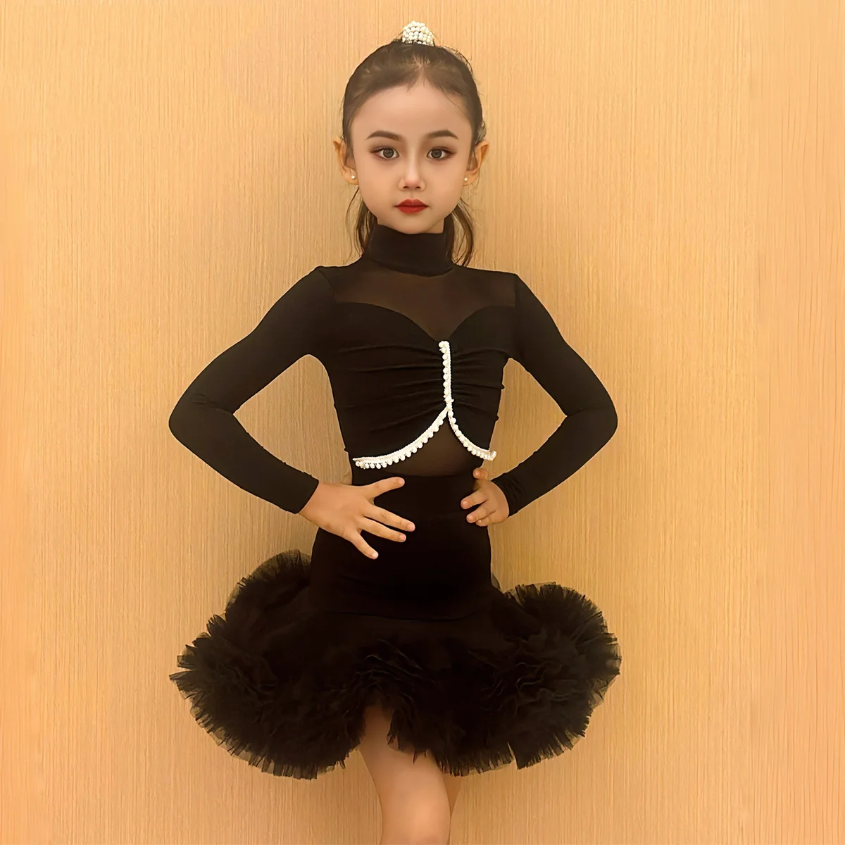 فستان رقص لاتيني للفتيات بأكمام طويلة مكشكش توتو زي أداء للأطفال تنورة رقص رومبا تانجو