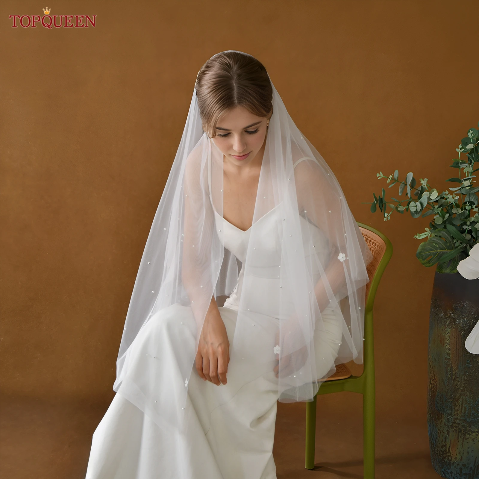 

TOPQUEEN M69 Свадебная жемчужная фата с 3d маленьким цветком, свадебная фата, закрывающая лицо спереди и сзади, свадебные аксессуары, настраиваемые
