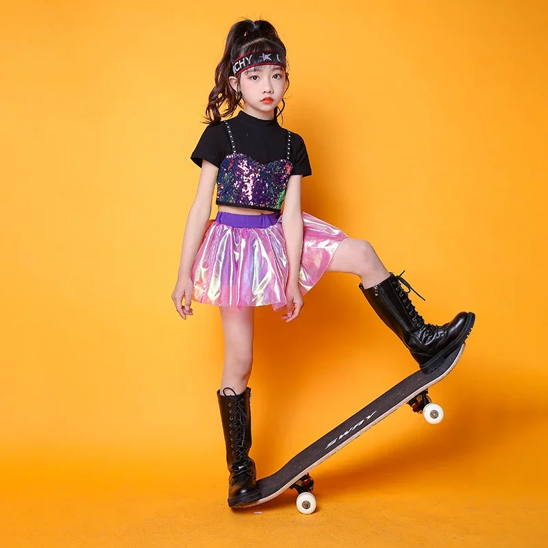 女の子のためのステージパフォーマンスコスチューム、ジャズダンス服、ヒップホップストリートウェア、スパンコールモデリング、ウォーキングショー、練習