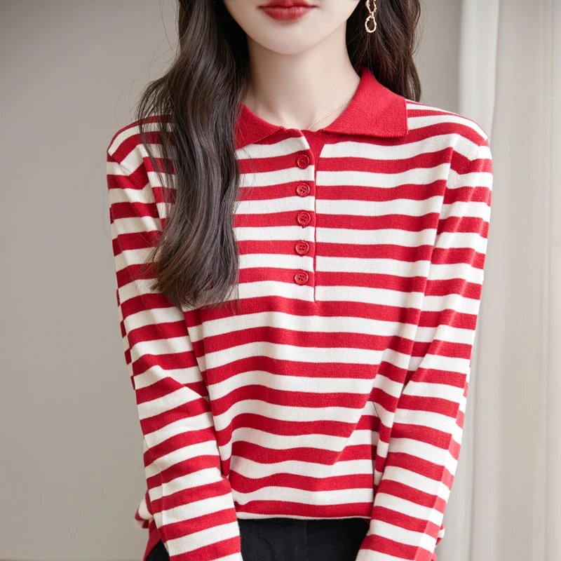 Fashion Lapel Button Spliced Striped Polo Shirts Female Clothing 2024 Autumn Winter New Loose Korean Tops Casual Tee Shirt