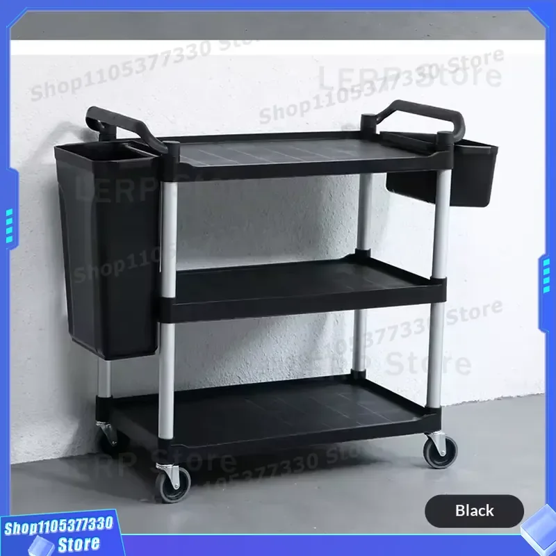 Three Layer Cleaning Service Trolley Multi Functional Triangular Tube Rack For Restaurant Kitchen Utility Cart With Storage