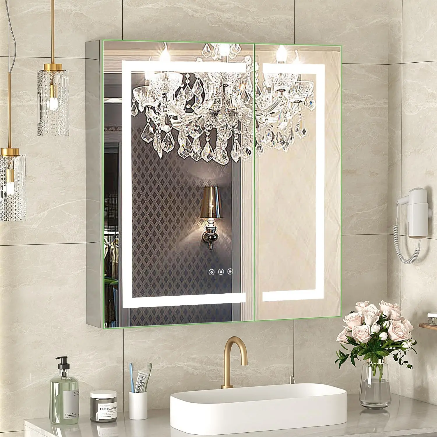 Anti-Fog Medicine Cabinet with LED Mirror & Power Outlet 2 Doors Storage Cabinet for Bathroom Recessed or Wall Mount with 3