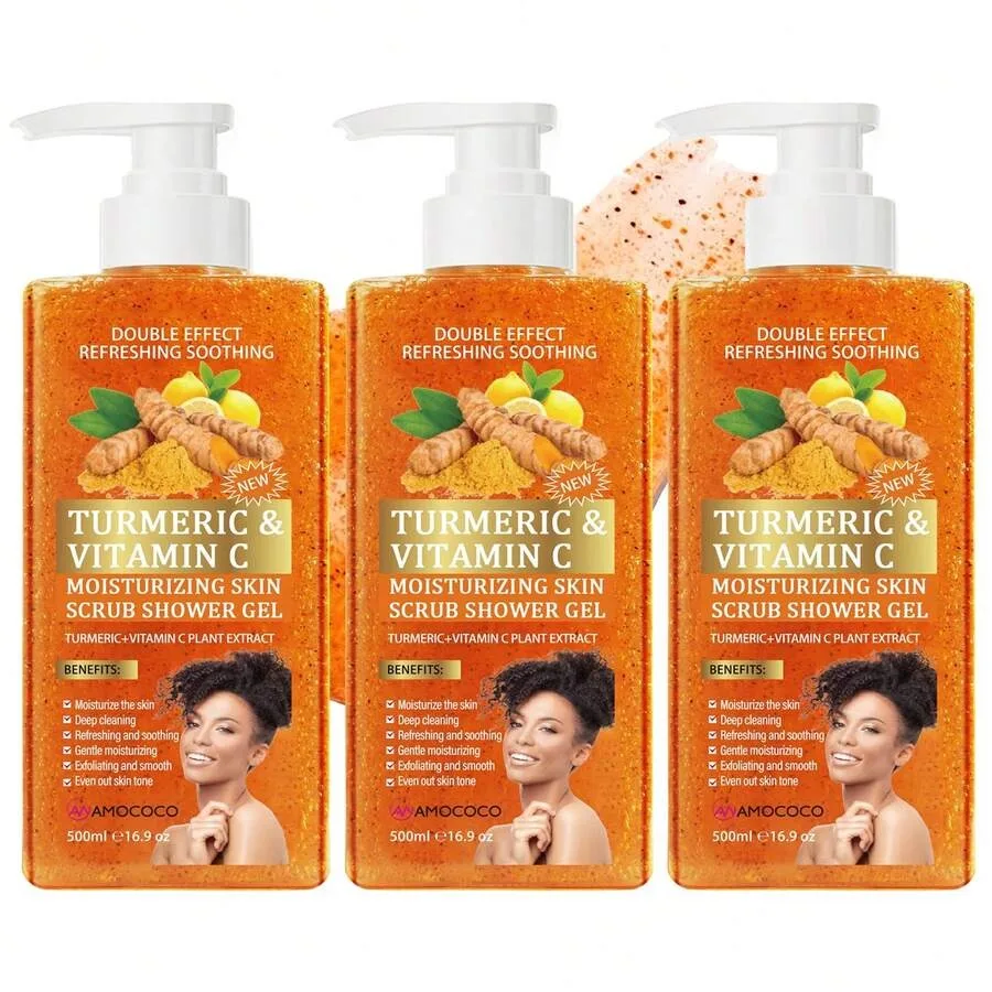 

Amococo 3Packs Turmeric Scrub Body Wash With Long-Lasting Fragrance, Large Bottle Exfoliating Cross-Border Turmeric Body Wash