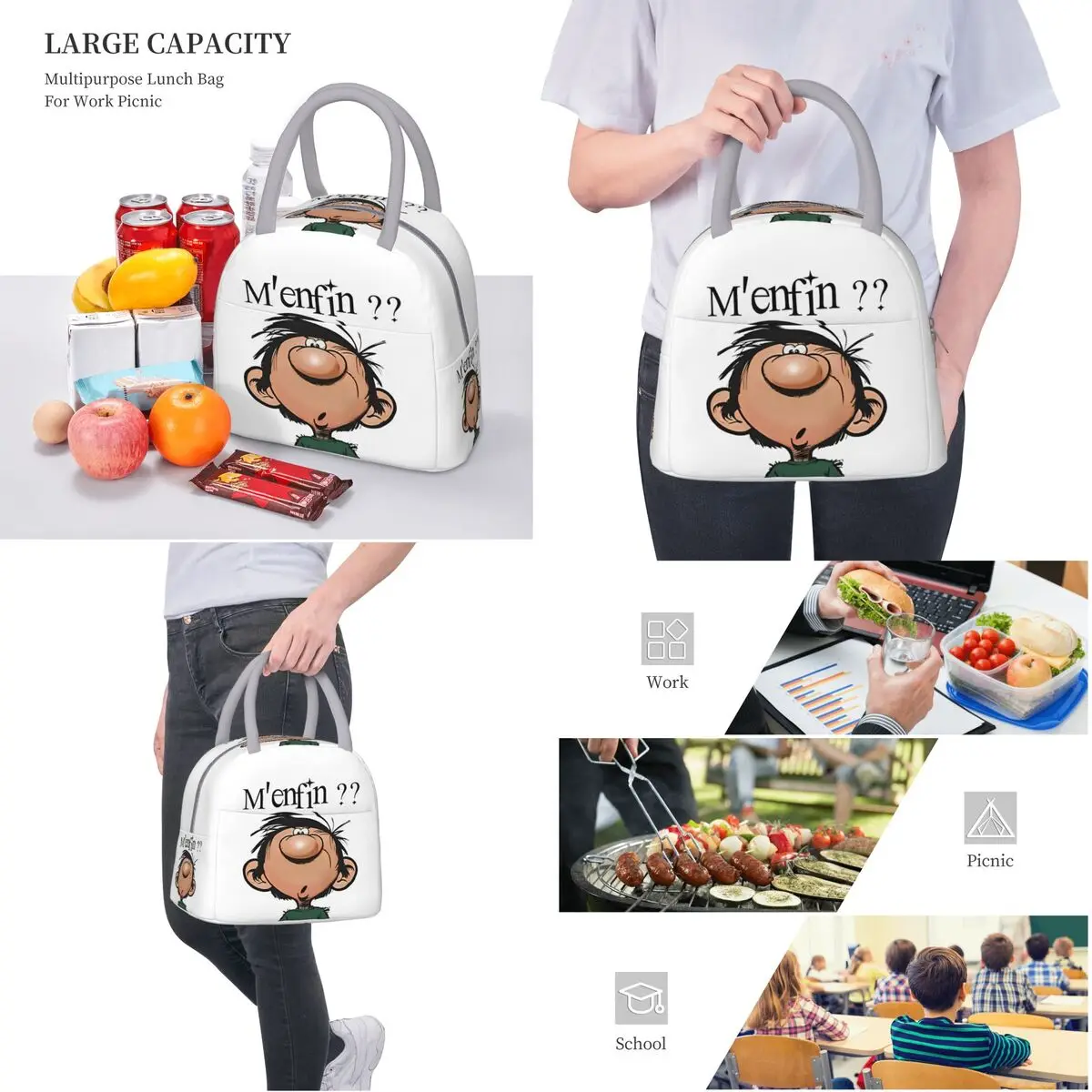 Gaston Lagaffe Big Ben Head Thermal Insulated Lunch Bag for Work Portable Food Bag Container Cooler Thermal Lunch Boxes