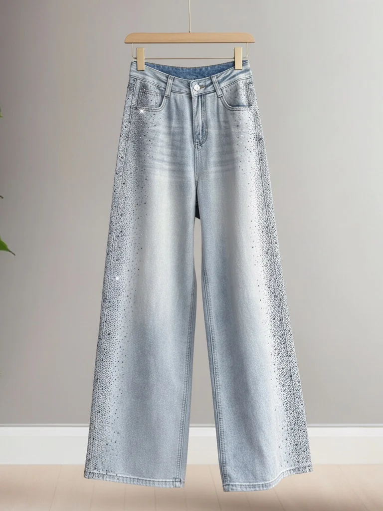 

Spring Season Heavy Embellied Denim Jeans High Waist Wide Leg Straight Cut Slimming Effect Casual Sle Multi-ket Design