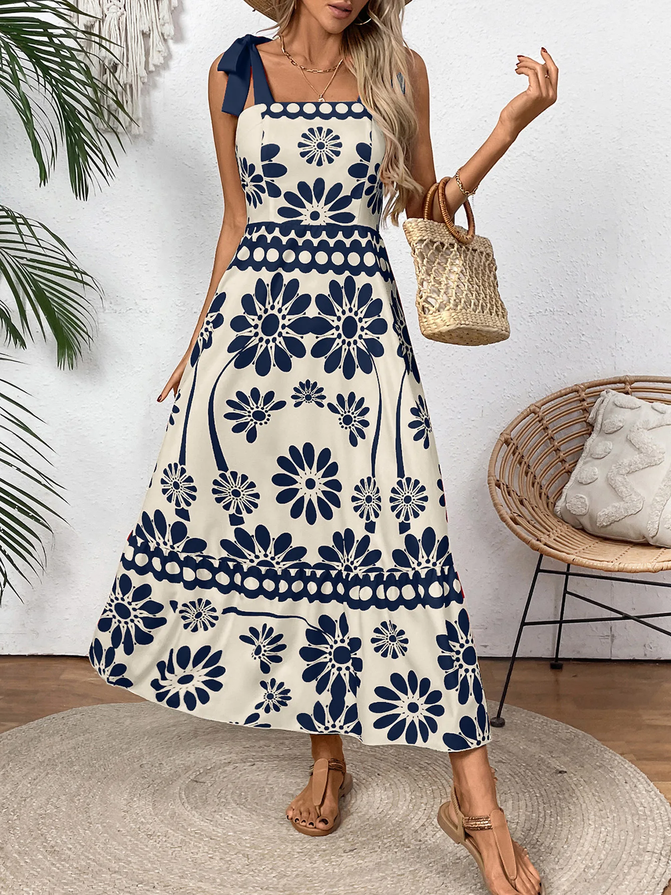 Bohemian Dress Positioning Flower Shoulder Strap Strap Long Dress Women Cw83842