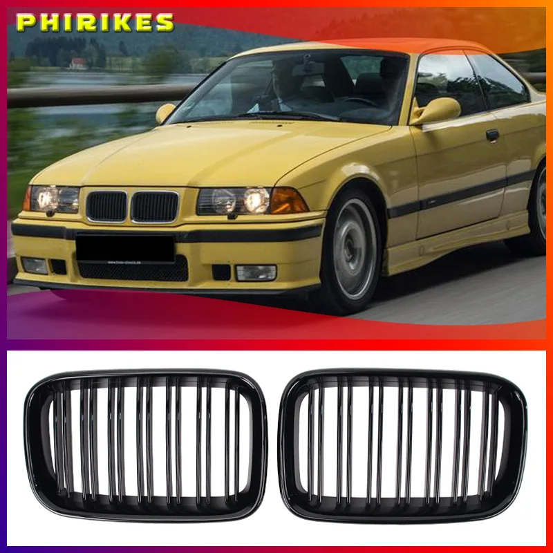 Rejilla delantera de doble listón para BMW E36 1992 1993 1994 1995 1996-1999, accesorios para coche, estilo coche, color negro brillante, 2 uds.