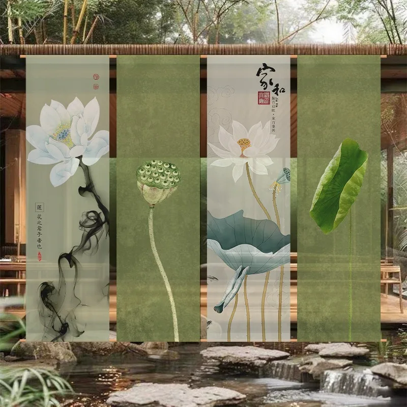 Zen lotus Wall Decor Semi-transparent Tulle gauze curtain for outdoor courtyard tea ceremony Home