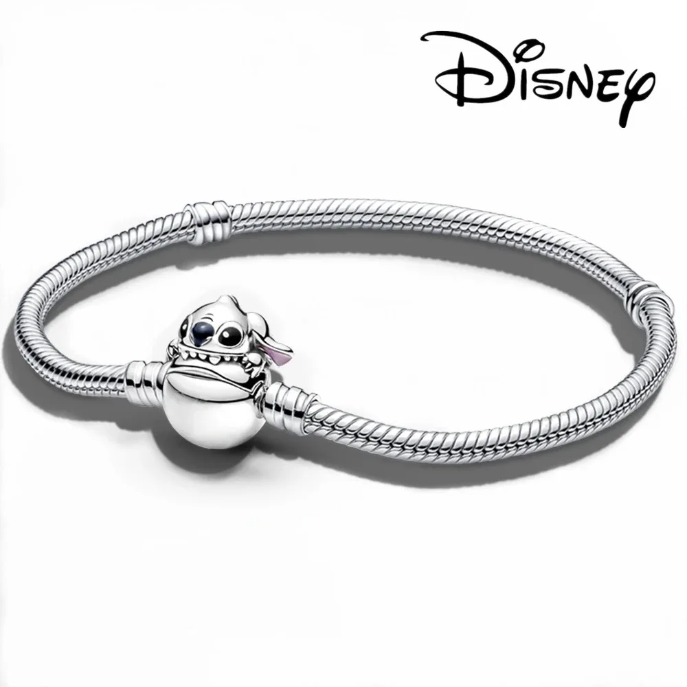 Disney 100th Mickey Love Charm Gold Bracelet Fit Original Stitch Bead Snake Chain DIY Bangle Jewelry Women Accessories Gift New