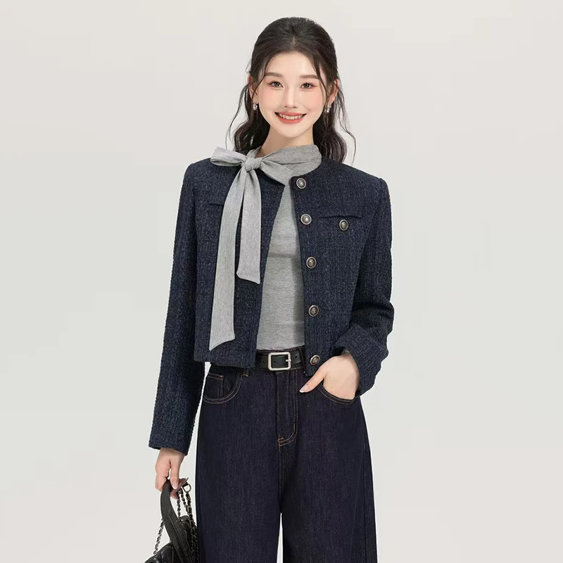 Vintage Tweed Cropped Jackets for Women Korean Elegant Long Sleeve Thick Short Coat Harajuku Single Breasted Blended Outerwear