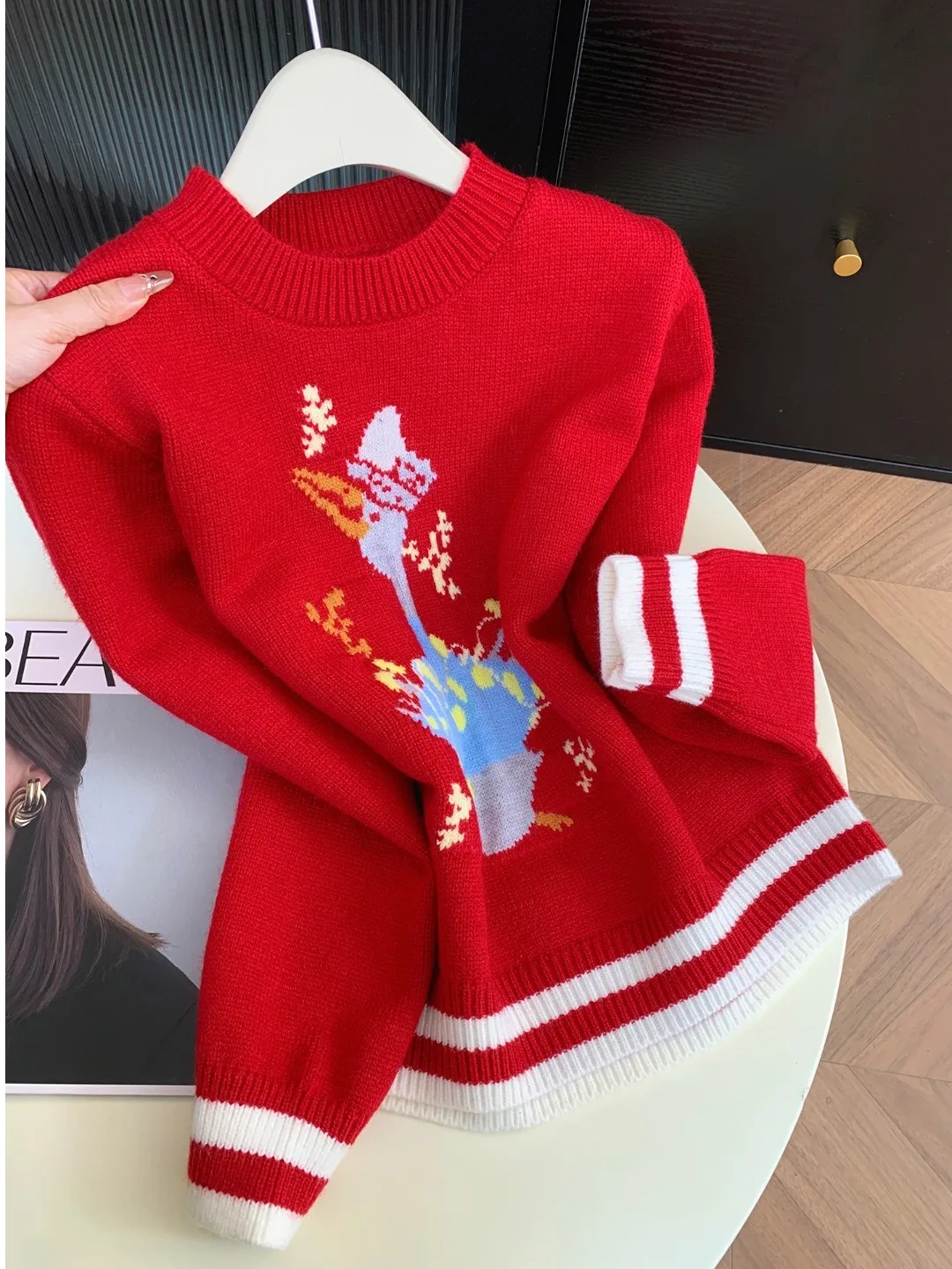 

Cartoon Knitted Loose Sweater Women's Autumn Winter Faionable Versatile Casual Sle round Ne Pullover Knitwear Top