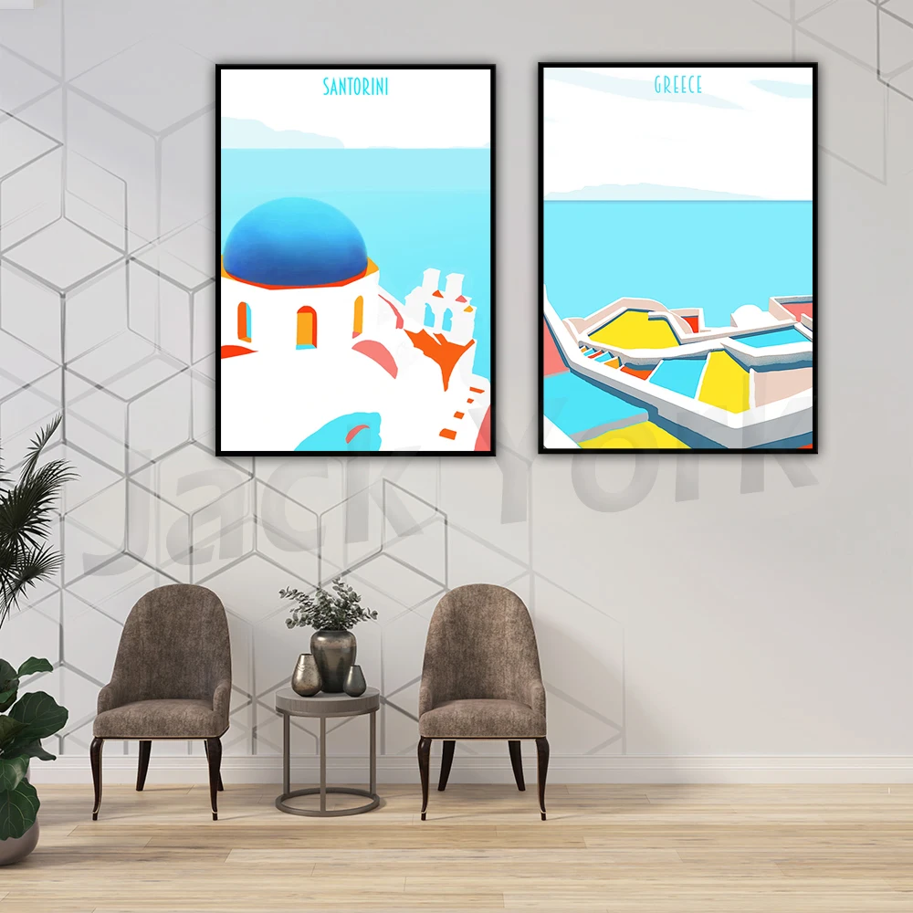 Santorini, poster, Greek island, HQ file, travel destination illustration, colorful decorative art