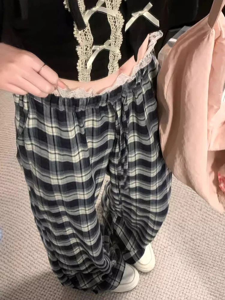 

Корейские кружевные клетчатые брюки женские милые лоскутные брюки с высокой талией и широкими штанинами винтажные свободные элегантные женские весенние милые брюки