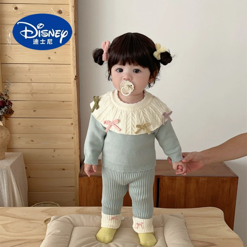 

Disney 2025 Winter Knit Baby Girl Set Peter Pan Collar Bow Top Leggings 2-Piece Outfit