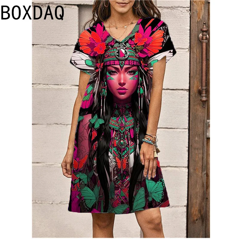 Women Short Sleeve V-Neck A-Line Dress 3D Indian Style Printed Dress Big Size Summer Female Vintage Dress Vestidos