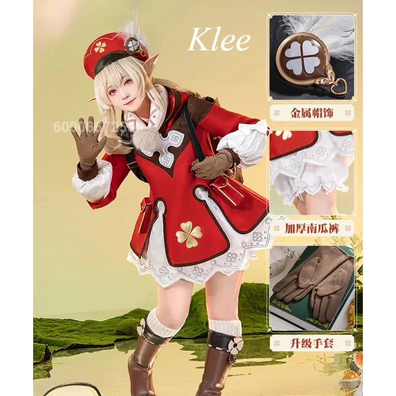 

Genshin Impact Klee Cosplay Costume Lovely Loli Women's Clothing Full Set with Hat Anime Game Outfit for Halloween Party