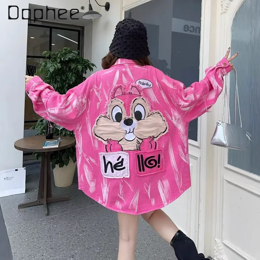 

Trendy Loose Denim Jacket Women's 2025 New Letter-printed Polo Collar Cartoon Patch Casual Shirt Spring Autumn Jackets for Women