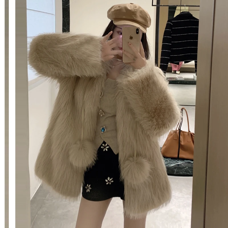 Winter New Women Faux Fur Coat Snow Ball Long Sleeves Thick Warm Faux Fur Coats Korean Fashion Young Lady