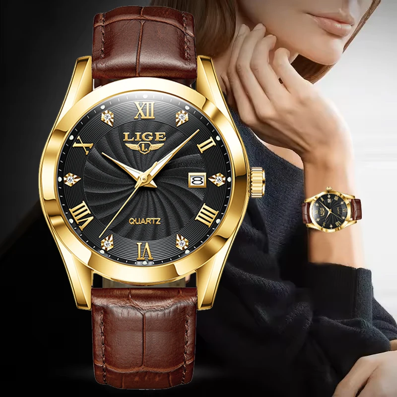 

Часы LIGE, лучшие брендовые женские часы класса люкс, модные кожаные светящиеся часы для женщин, повседневные водонепроницаемые кварцевые часы с бриллиантами, подарок для женщин