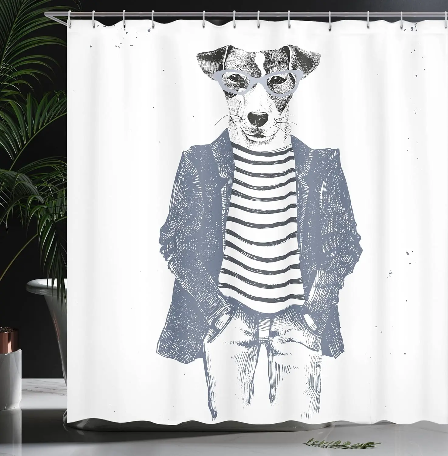 

Hipster Jack Russell Dog Glasses Hand Drawn Sketchy Fashion Animal Fun, Cloth Fabric Bathroom Decor Set with Hooks, Blue Grey