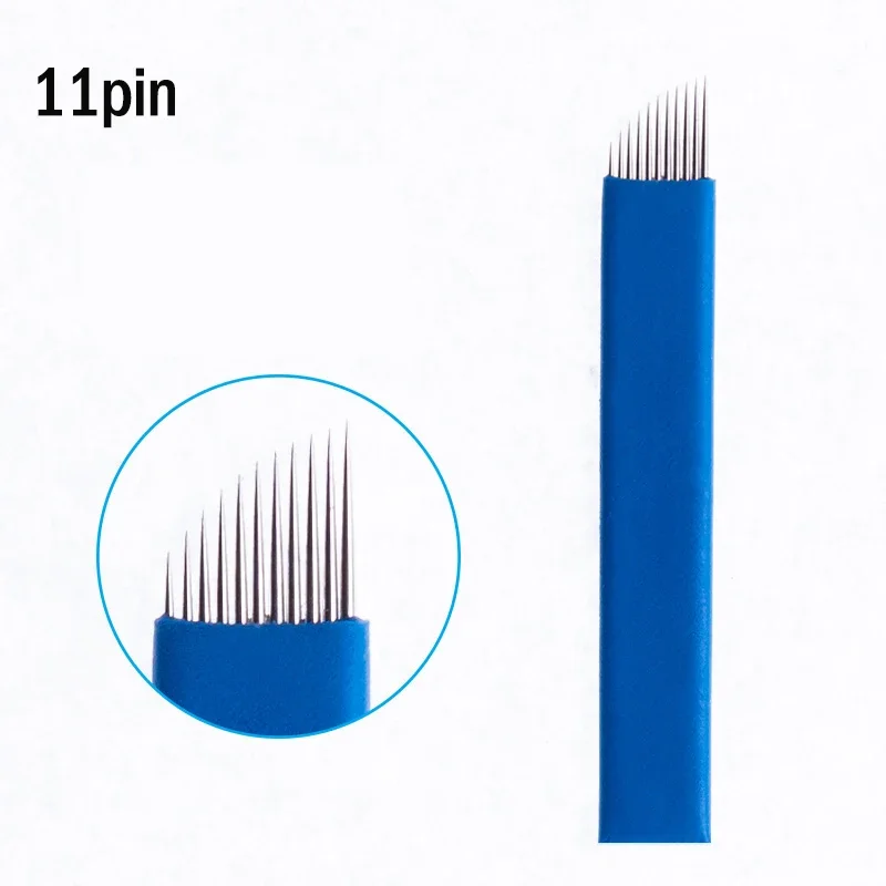 100 PCS Blue Microblading 11 Pin Tattoo Needles Permanent Makeup Blade For 3D Eyebrow Embroidery Manual Tattoo Pen