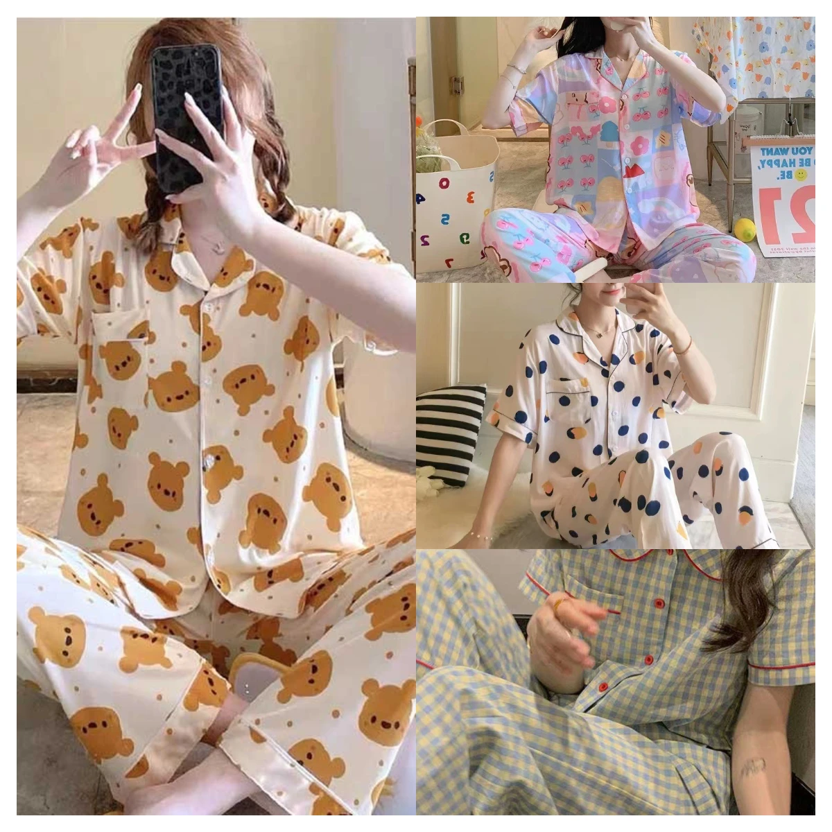 Women\'s Clothing Two-Piece Cardigan Pajamas Summer Thin Section Of Short-Sleeved Pants Printed Cute Casual Comfortable Homewear