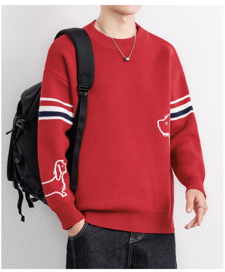 Luxus Marke Pullover Herren Herbst Winter Neue süße Welpen Druck Mode gestreifte Knopf Design Casual Warm Rund Stricken Sweater – Detail 9