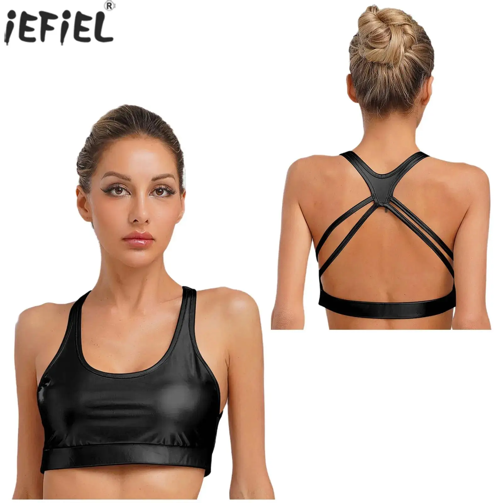 Metallic Sport Vest Top Women Sleeveless Slim Fit Backless Camisole Top for Bodybuilding Shiny Cross Back Workout Tops