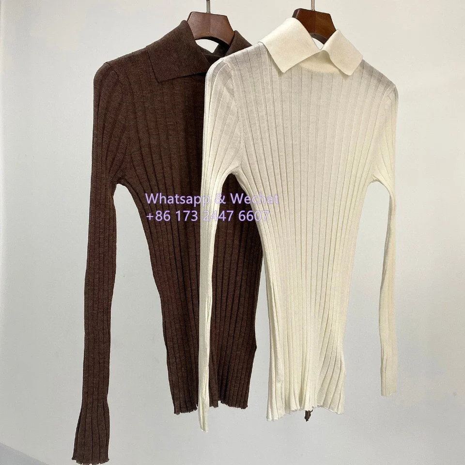 Tot-Brand Autumn Women Base Shirt Full Sleeve Wool Silk Cashmere Turn-Down Collar Slim Elastic Casual Multi Colors Ribbed Knit