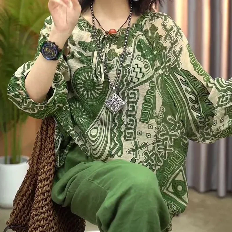 Summer New Retro Style Print Pullover Tops Women's Clothing Round Neck Lacing Loose-fitting Green Long Sleeve T-Shirt XQ783