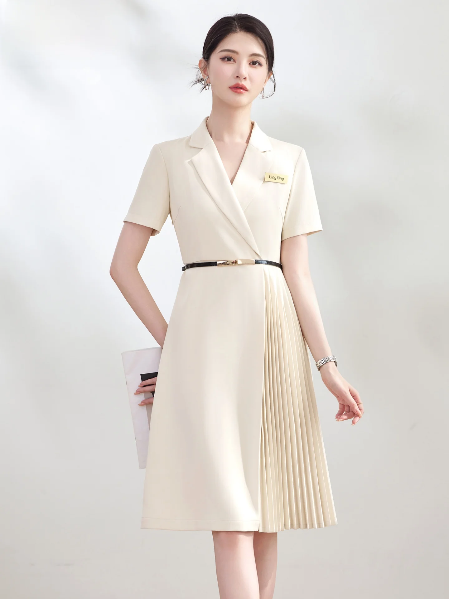 

Summer Short Sleeve Suit Dress Formal Business Occasion Women's High Waist A-Line Knitted Dress Elegant Front Desk Reception ...