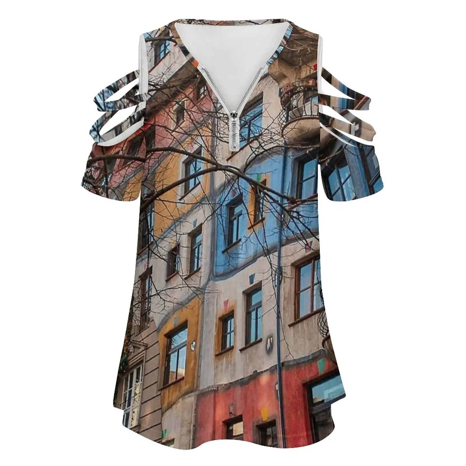 Hundertwasserhaus Fun Architecture In Vienna Women'S T-Shirt New Fashion Printed Zipper V-Neck Short Sleeve T Shirts Casual