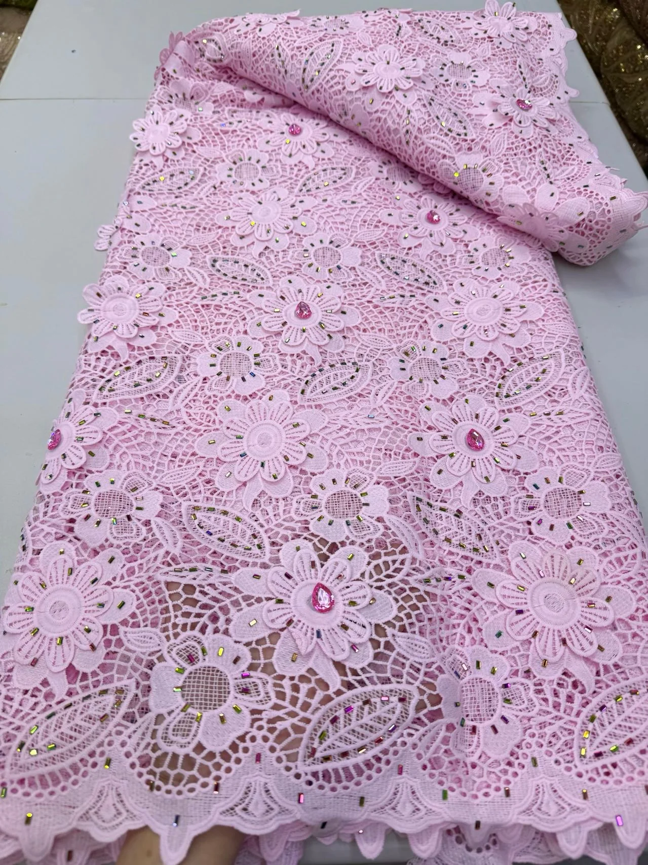 

2026 African Nigerian High Quality Lace Fabric Embroidery Tulle Wedding Party Dress Guipure Water Soluble Sequins 5Yards JY520