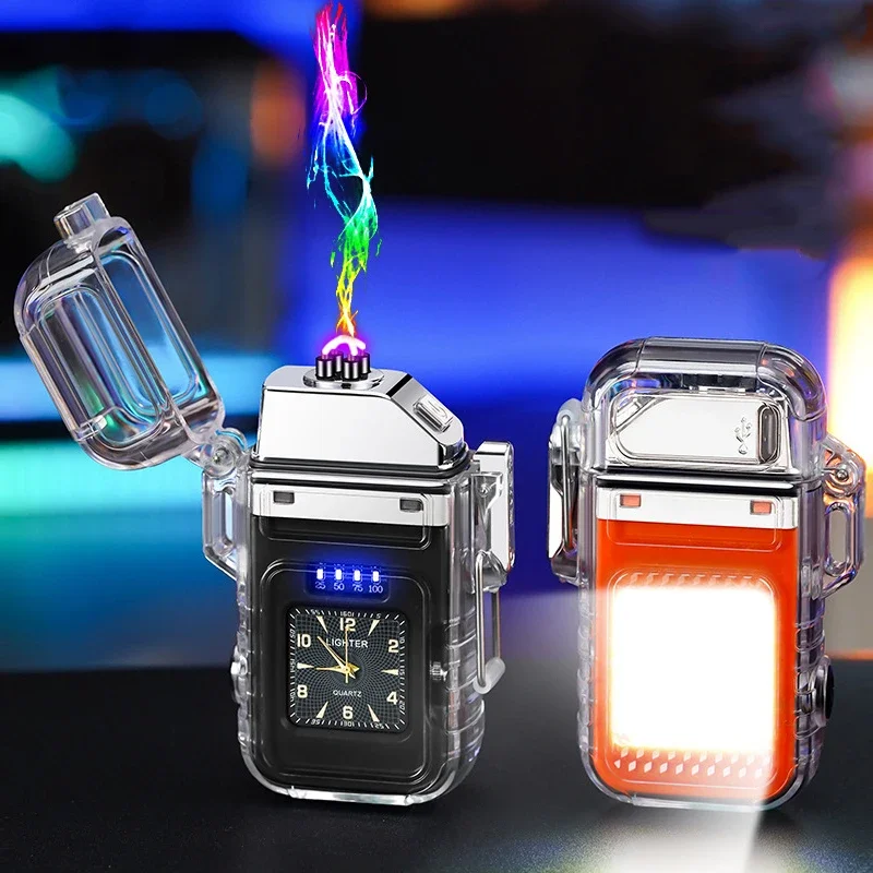 2024 True Watch Transparent Waterproof Dual Arc USB Lighter Outdoor COB Lighting Lamp Power Display Smoking Accessories Gadgets