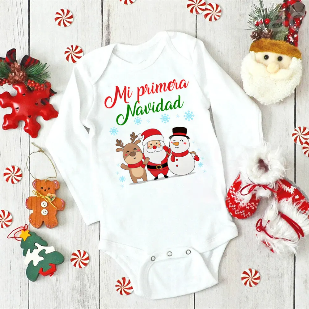 My First Christmas Spanish Printed Newborn Bodysuit  Baby Long Sleeve Romper Toddler Xmas Party Clothes Infant Baptism Outfits