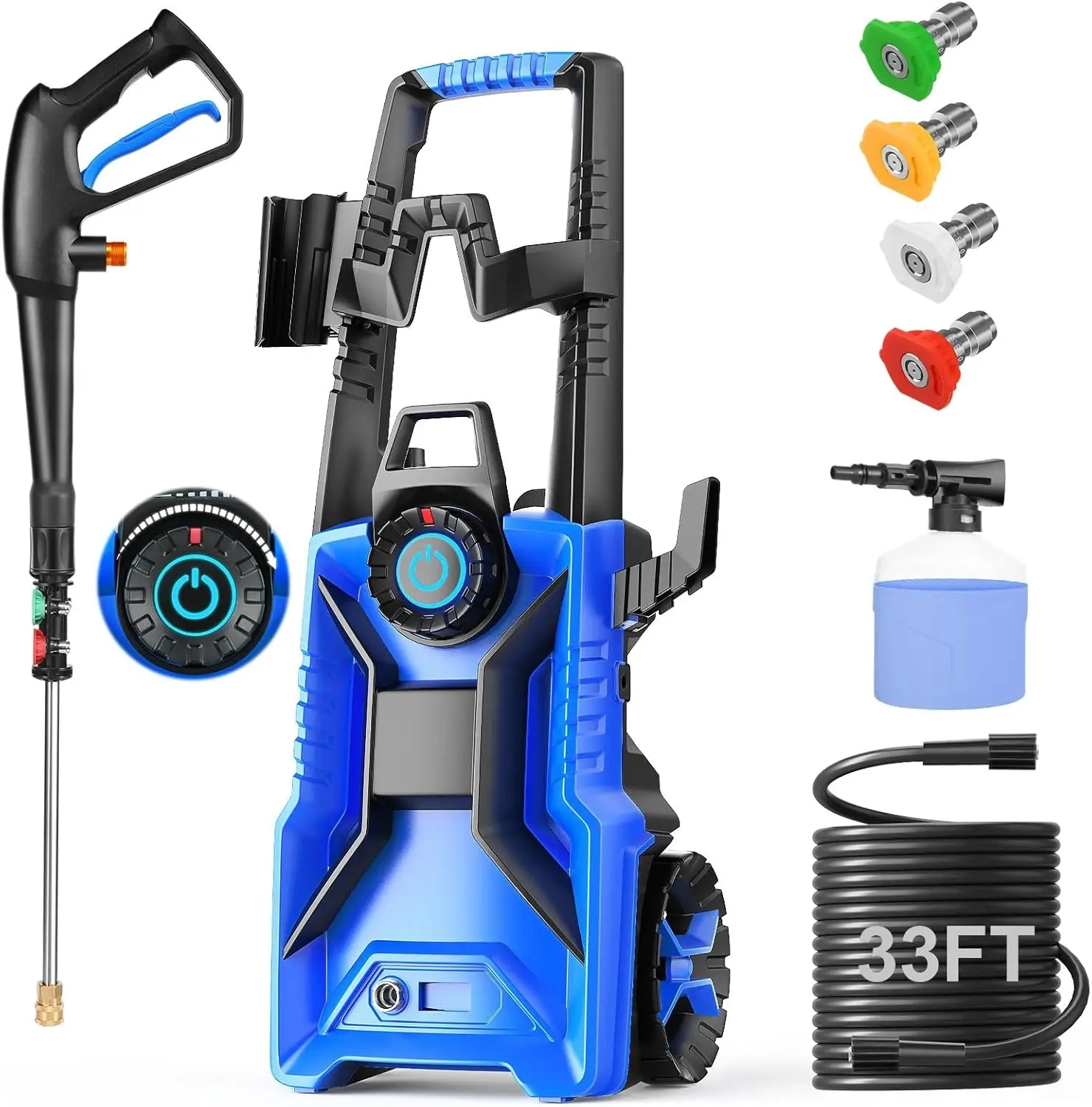 

High Power Pressure Cleaner with 33ft Hose, 4 Nozzles, Foam Cannon - Light Blue