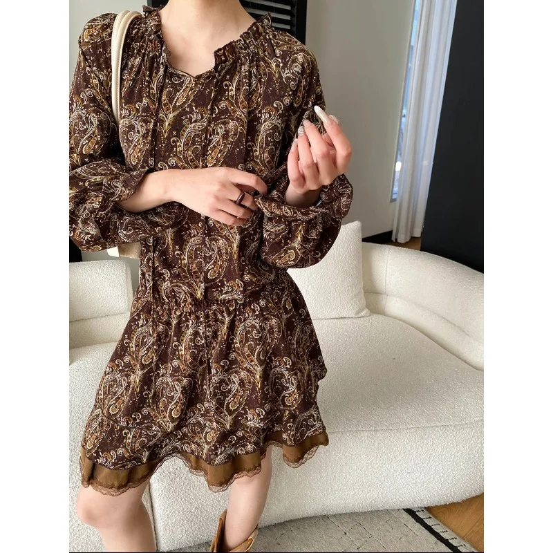 

2026 New Fungus Edge Lace-up Waist Ruffle Edge Long-sleeved Floral Dress