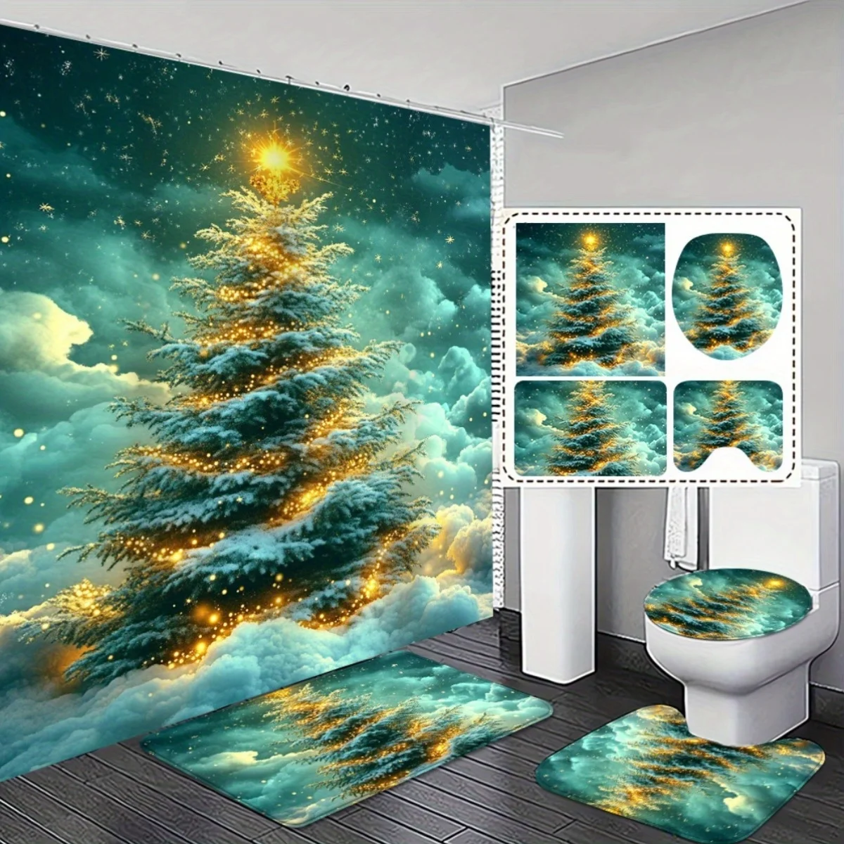 

4pcs Christmas Gift Bathroom Decor Shower Curtain Set with Non-Slip Toilet Cover Green Blue Fabric Durable for Home Living