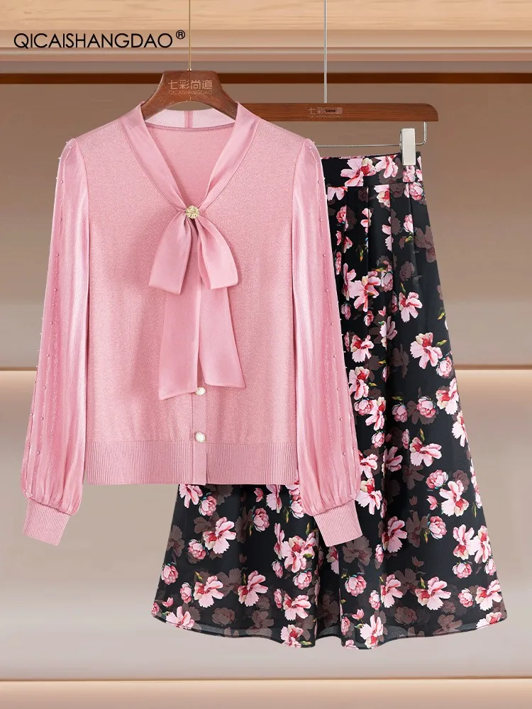 

Розовая юбка-трапеция и трикотаж с узлом, комплект из двух предметов для женщин, модная и удобная осенняя коллекция Ele