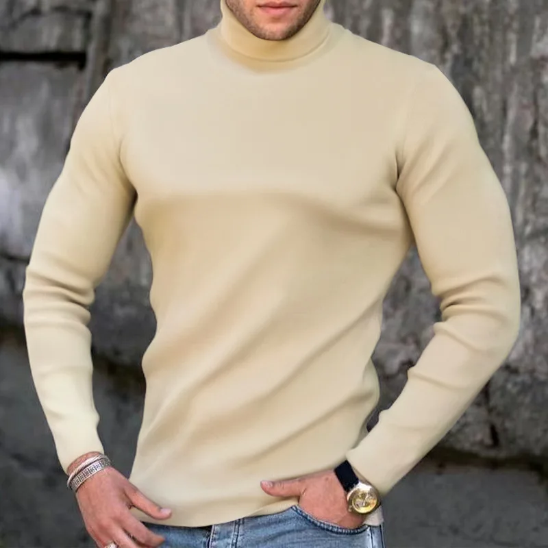 Fashion Men\'s Casual Slim Fit Basic Turtleneck Knitted Sweater Plus Velvet High Collar Pullover Male Double Autumn Winter Tops